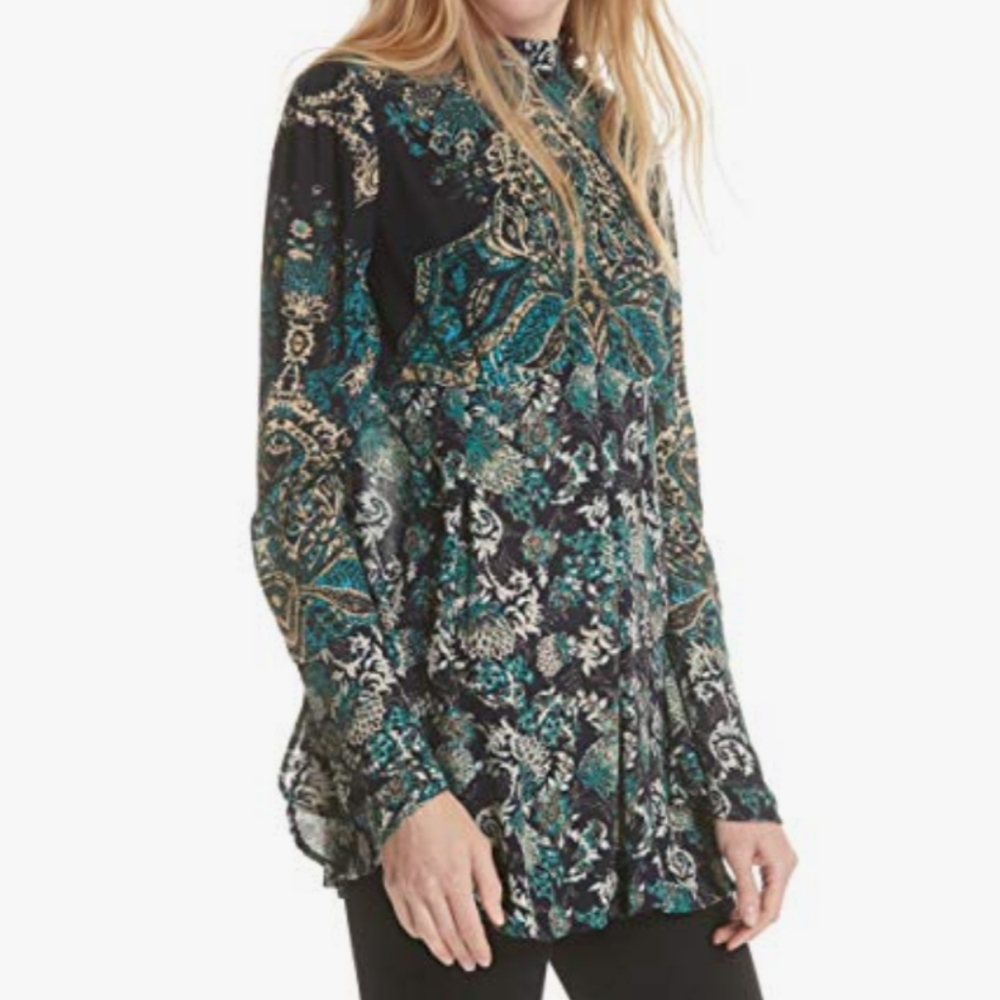 Free People Lady Luck Tunic Dress Bell Sleeve‎ boho blue combo sz M